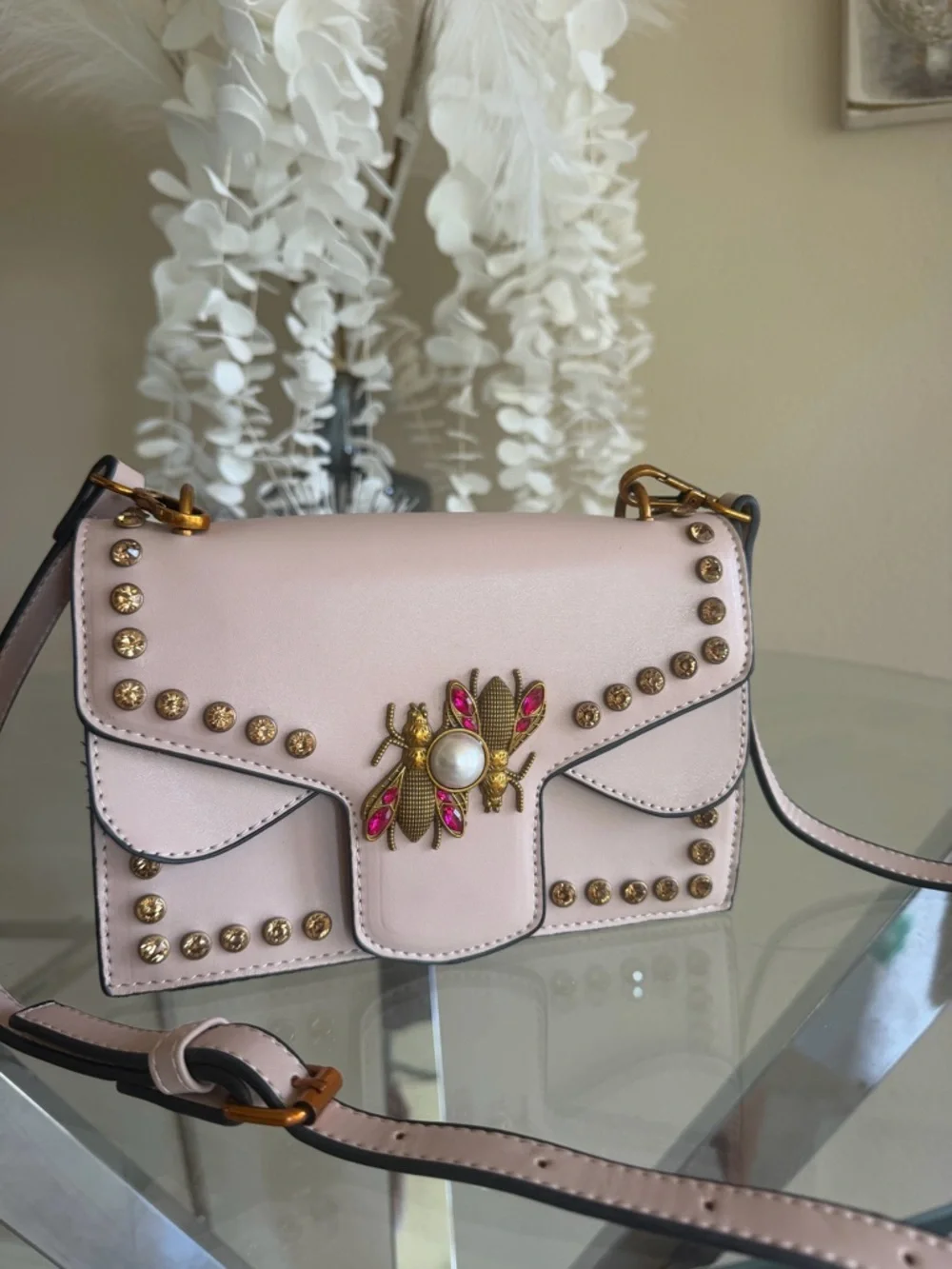 Blush Pink Studded Crossbody Bag with Bee Emblem